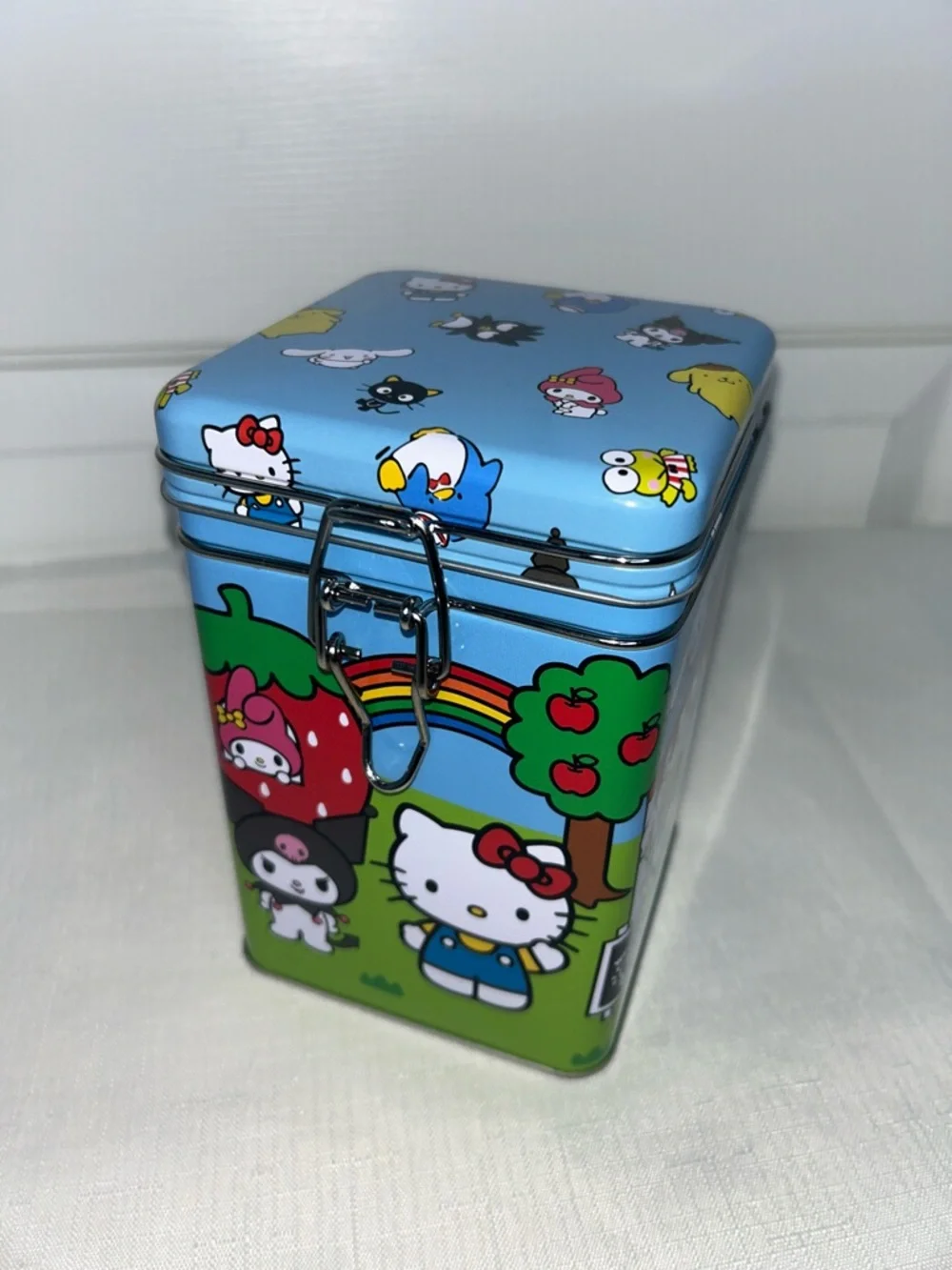 Hello Kitty & Friends Sanrio Tin Canister - Blue, Green & Red Character Print